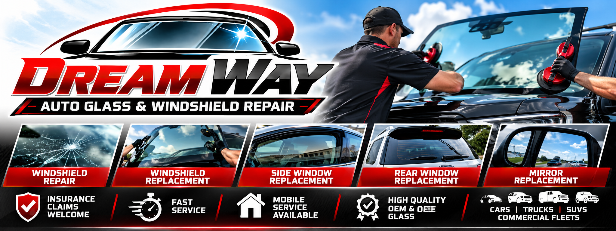 Dream Way technician installing a new windshield on a black SUV, with services: windshield repair, windshield replacement, side window, rear window and mirror replacement. Insurance claims welcome, fast service, mobile service available, OEM and OEE glass for cars, trucks, SUVs and commercial fleets.